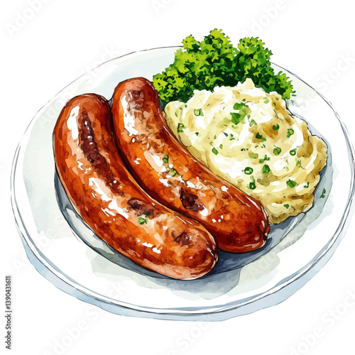 A watercolor painting of Bangers and Mash, isolated on a white background. Bangers and Mash vector

