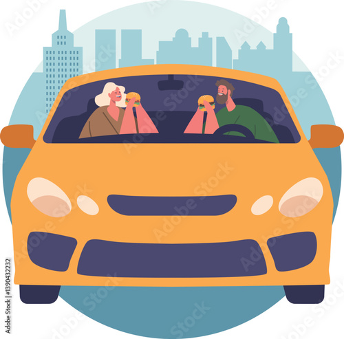 Couple eating hamburger in car