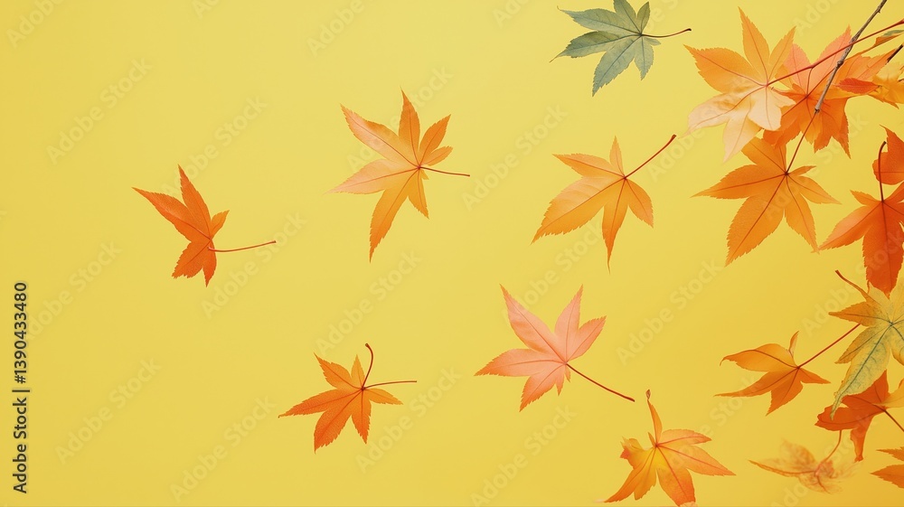 Colorful autumn leaves falling on a bright yellow background in a seasonal display of nature's beauty Colorful autumn leaves falling on a bright yellow background in a seasonal display of nature's beauty
