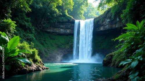 Stunning tall waterfall plunging into jungle pool with lush greenery around it.