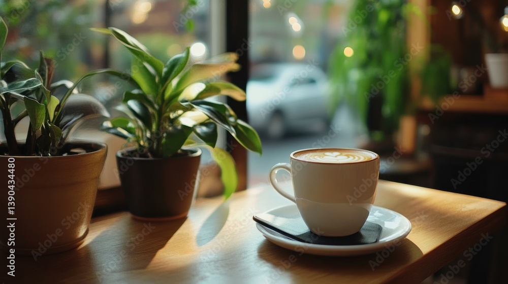 Latte in cafe window seat, plants and city view Latte in cafe window seat, plants and city view