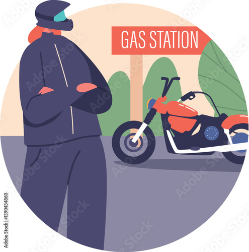 Woman biker refueling motorcycle vector illustration
