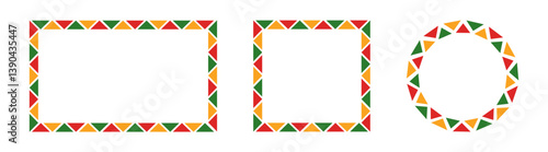 Сolorful abstract rectangle frame. Frame with space for text. Empty round frame with red, green and yellow triangles 