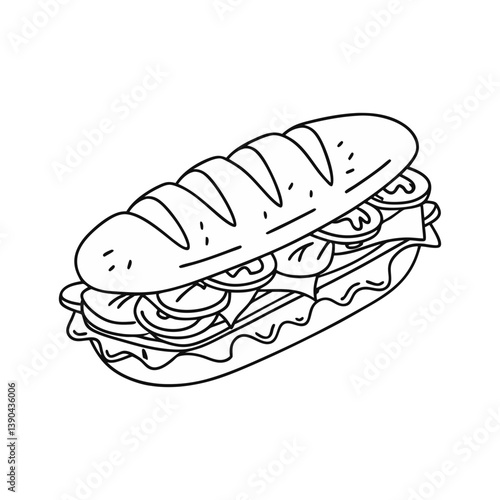 Fresh sub sandwich with layered fillings in a clean, minimalist vector line style.