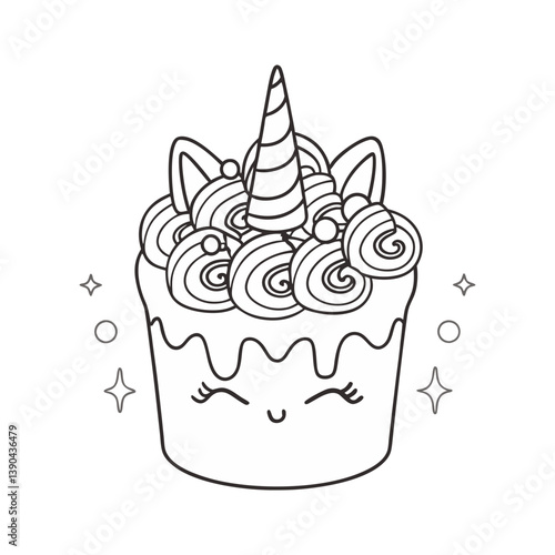 Vector illustration of a unicorn-themed cupcake with swirled frosting, sparkles, and a cute face, perfect for magical, whimsical dessert designs.