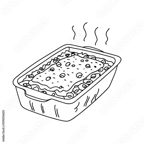 Vector illustration of a steaming baked lasagna in a dish, highlighting a hearty, savory Italian meal in a clean, minimal outline style.