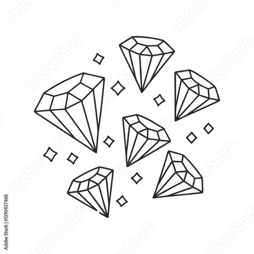 Cluster of geometric diamonds with sparkles in a modern minimalist vector line style on a white background.