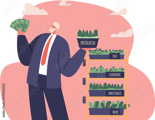 Businessman promoting microgreens harvest vector illustration