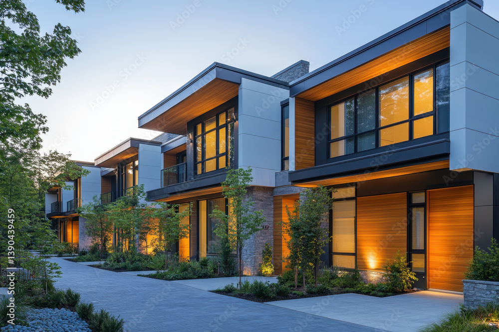 Sleek modern home with geometric lines, large windows, and minimalist landscaping in a suburban neighborhood. Sleek modern home with geometric lines, large windows, and minimalist landscaping in a suburban neighborhood.