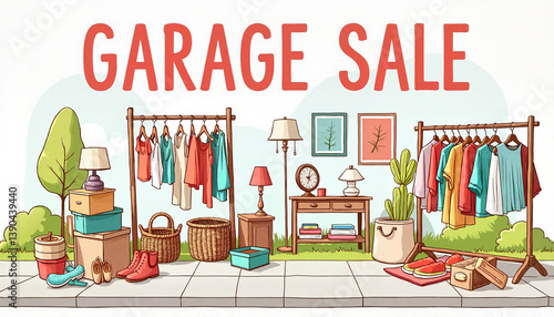 Colorful garage sale banner featuring cheerful sidewalk sale display, community spirit