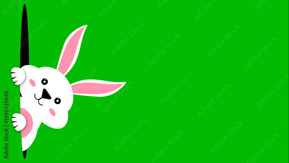 Fototapeta premium white bunny looking from black hole with big pink ear on green screen. concept illustration for easter holiday.