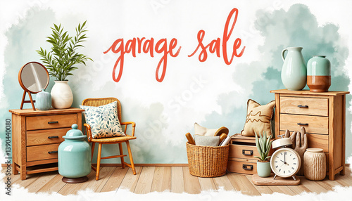 Creative garage sale banner with artistic watercolor background  