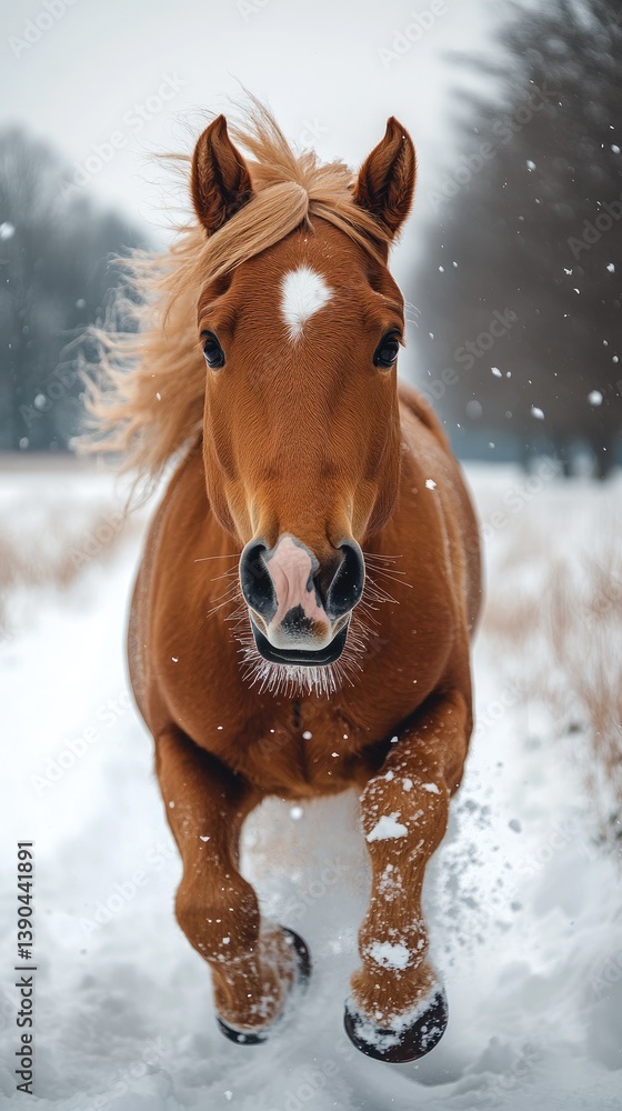 A majestic brown horse galloping through a snowy field with trees in the background A majestic brown horse galloping through a snowy field with trees in the background