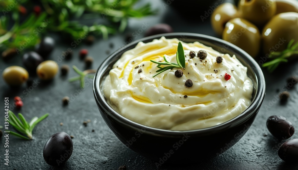 Homemade Mayonnaise Sauce Bowl With Olives, Fresh Ingredients, And Seasonings For Culinary Purposes Homemade Mayonnaise Sauce Bowl With Olives, Fresh Ingredients, And Seasonings For Culinary Purposes