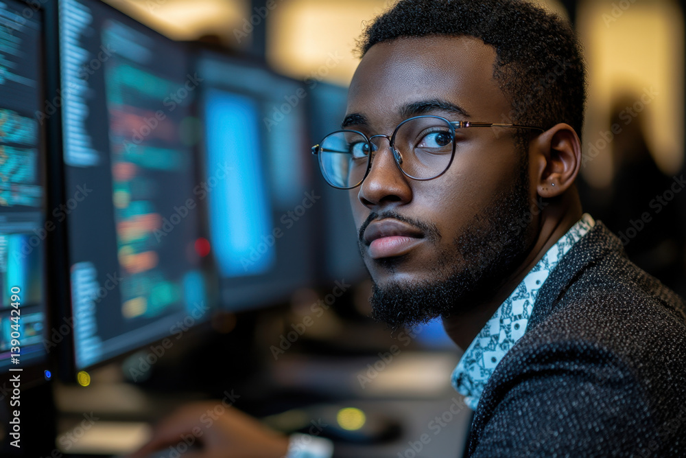 Fototapeta premium Man with glasses studying computer screen intently.
