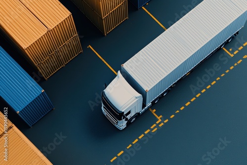 Aerial view of a truck maneuvering through a shipping yard filled with colorful cargo containers, showcasing logistics and transportation.