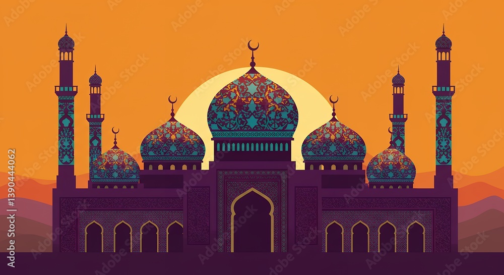 Obraz premium Serene Silhouette: Ornate Mosque Against Golden Sunset, Cultural Legacy