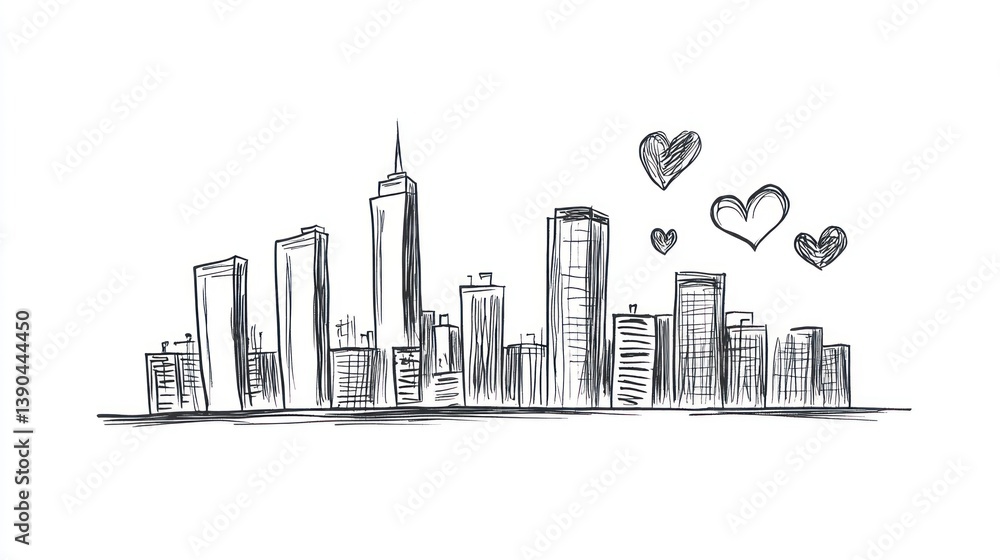 Fototapeta premium Hand-drawn sketch of NYC skyline with hearts, romantic city view