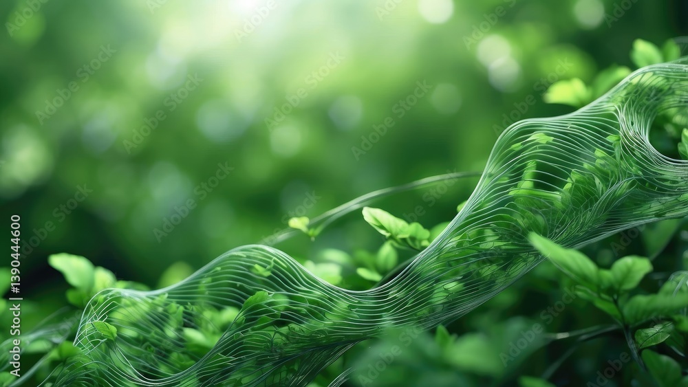 A close-up of a green, honeycomb-patterned, ribbon-like structure amidst a lush A close-up of a green, honeycomb-patterned, ribbon-like structure amidst a lush