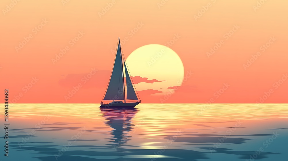 Fototapeta premium Sailboat at sunset, calm ocean. (1)