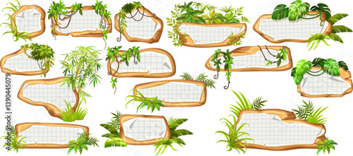 Game panels in jungle with liana branches and leaves, ivy. Set isolated wooden elements with old paper, with ragged square graph paper, school math sheet. Vector signboards with school page.