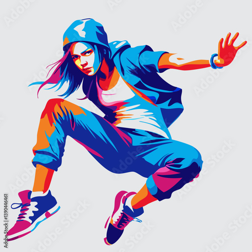 Female breakdancer performing a dynamic move in a vibrant vector style