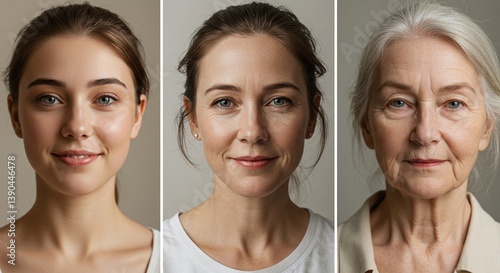 Three portraits of women at different stages of life: youth, adulthood, and elder