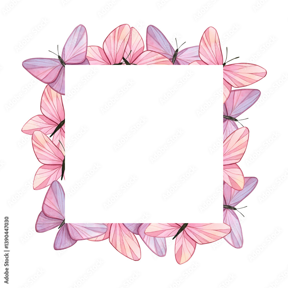 Fototapeta premium Square frame with pink and lilac butterflies Watercolor illustration.