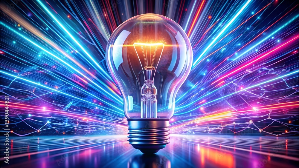 Light bulb with neon lights, abstract glowing background, digital illustration Light bulb with neon lights, abstract glowing background, digital illustration