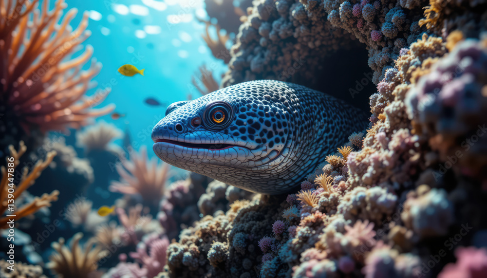 Fototapeta premium Reef’s Silent Sentinel – Moray Eel Guards the Underwater City