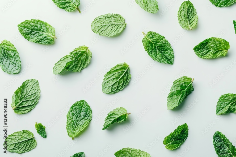 Fresh Mint Leaves Pattern - A vibrant pattern of fresh mint leaves arranged on a light-grey background. Perfect for culinary, health, and wellness designs Fresh Mint Leaves Pattern - A vibrant pattern of fresh mint leaves arranged on a light-grey background. Perfect for culinary, health, and wellness designs