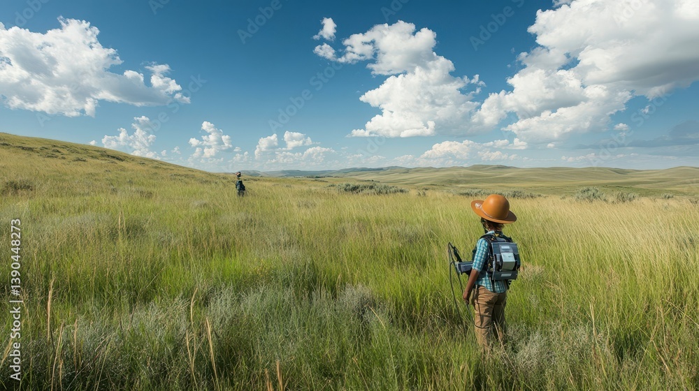 A child explores a grassy field under a bright blue sky A child explores a grassy field under a bright blue sky