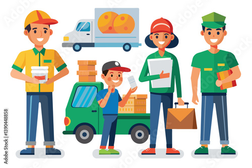 A diverse group of four delivery workers poses beside a green delivery truck stacked with packages, highlighting their teamwork and readiness to deliver.