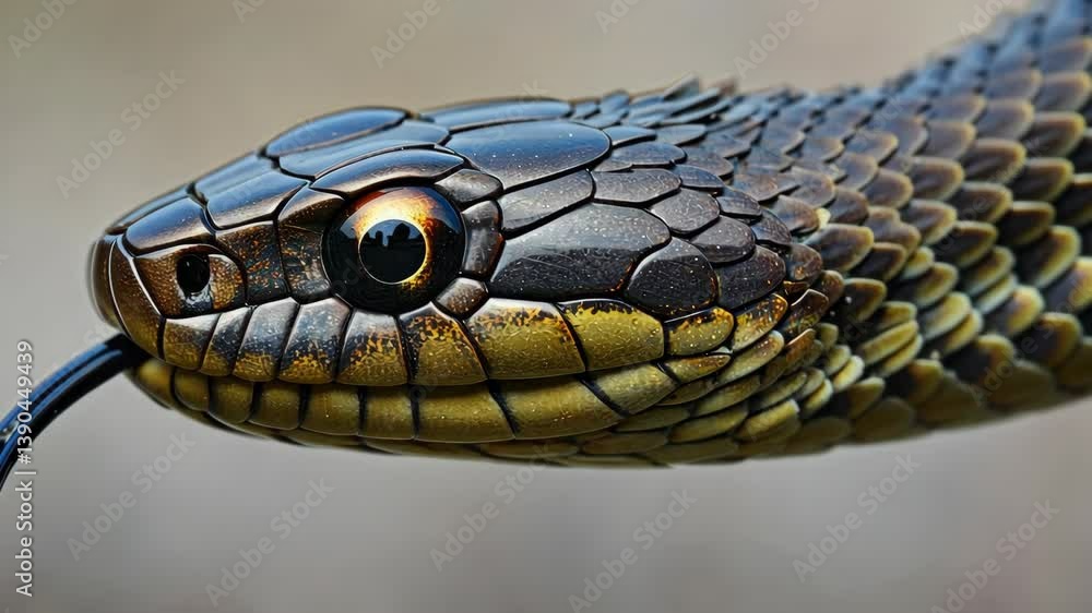 Close-up view of a striking snake revealing intricate scales and flicking tongue in its natural habitat during daylight Close-up view of a striking snake revealing intricate scales and flicking tongue in its natural habitat during daylight