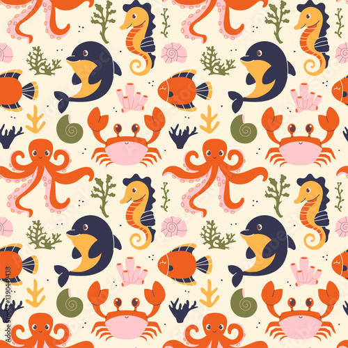 Seamless pattern with marine animals and plants