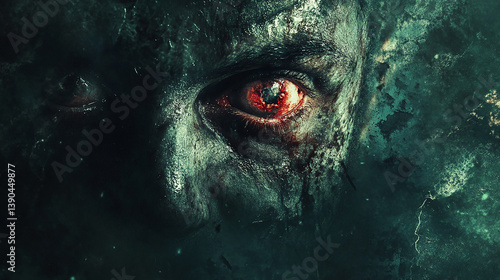  a ghoulish monster's face, dominated by a glowing red eye. 