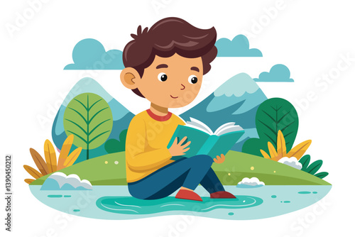 The boy sits contentedly on the ground, absorbed in a book amid lush greenery with mountains and clouds in the background, showcasing a peaceful moment in nature.