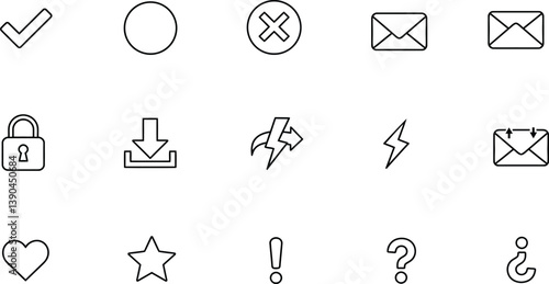 Set of 15 Outline Icons (Check, Circle, X, Mail, Lock, Download, More)
Simple Line Icon Collection (Various Symbols)
Basic Outline Icon Set (Checkmark, Mail, Heart, Star, Question)