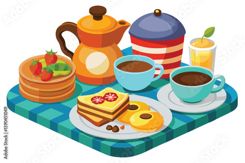 This breakfast includes stacks of pancakes alongside fresh strawberries, cups of coffee and tea, and a refreshing juice, all beautifully arranged for a morning meal.