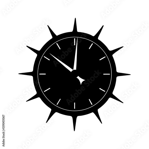 Analog clock showing time with unique spiked frame design vector graphic art . silhouette on white background.
