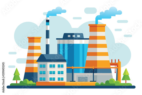 An industrial site features large cooling towers and a factory, emitting steam and smoke, while being set against a bright, stylized urban backdrop and green trees.