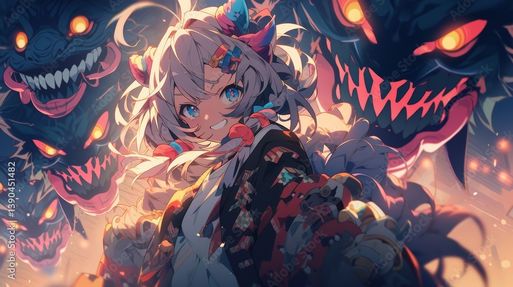Fototapeta premium Brave Girl Conquering Oni: Anime Fantasy Art