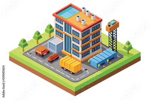 A contemporary industrial structure stands prominently with delivery trucks parked nearby, surrounded by trees and a well-kept landscape in an urban setting.