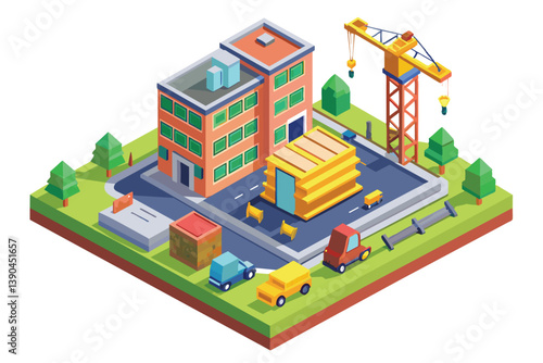 A bustling construction site showcases a multistory building under construction with a crane, trucks, and construction materials surrounded by trees and vehicles on a sunny day.