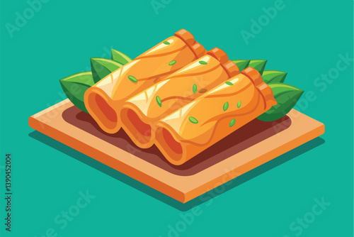 Three crispy spring rolls are placed on a wooden platter, accompanied by vibrant green leaves, creating an appetizing presentation perfect for a snack or appetizer.