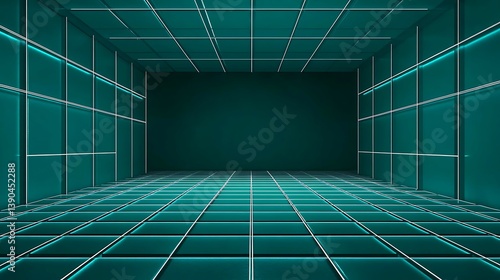 Teal futuristic room with glowing lines.