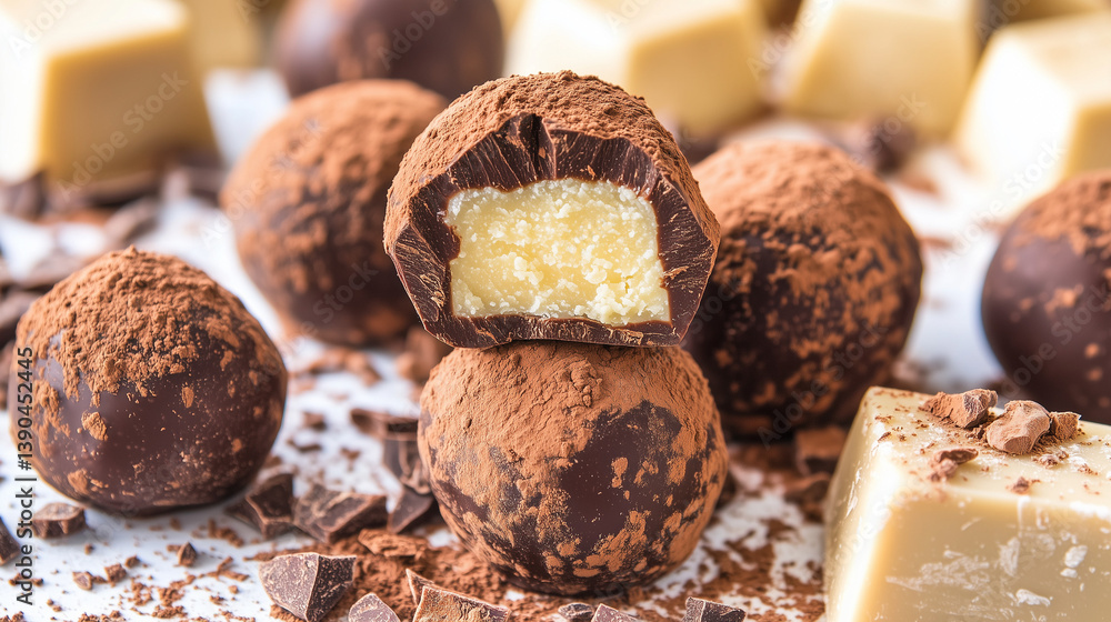 Trufas de chocolate preto recheadas com chocolate branco e pó de cacau por cima Trufas de chocolate preto recheadas com chocolate branco e pó de cacau por cima