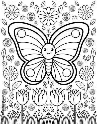 This black and white coloring page features a cheerful, cartoon butterfly with a friendly face, surrounded by various flowers and leaves