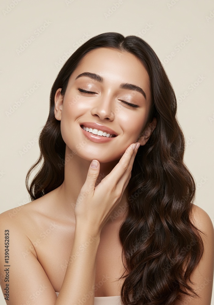 A woman gently touching her face with a serene and radiant expression. Her eyes are closed, and she has a gentle smile A woman gently touching her face with a serene and radiant expression. Her eyes are closed, and she has a gentle smile
