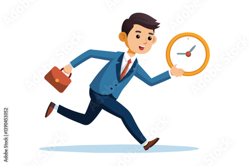A young businessman runs swiftly, clutching a clock in one hand and a briefcase in the other, demonstrating the importance of time management in his career.